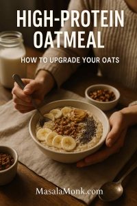 Person holding a bowl of high-protein oatmeal topped with banana, peanut butter, nuts and chia seeds on a rustic breakfast table.