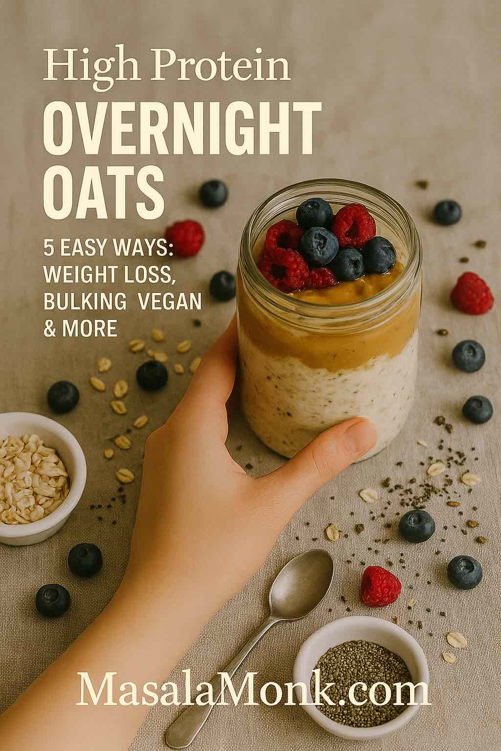 High protein overnight oats in a glass jar with berries and peanut butter, showing 5 easy ways for weight loss, bulking, vegan and more
