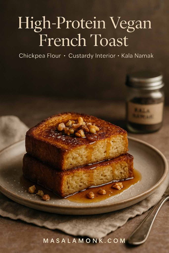 High-protein vegan french toast made with chickpea flour, crisp exterior and custardy interior on a ceramic plate.