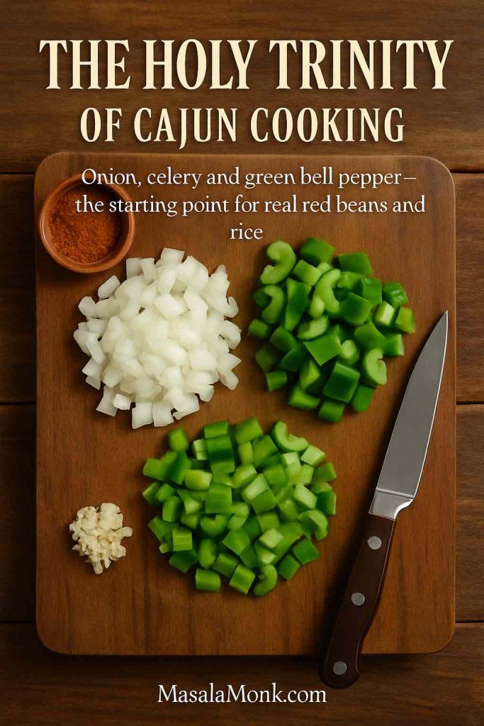 Chopped onion, celery and green bell pepper arranged on a wooden cutting board with a knife, showing the Cajun holy trinity for red beans and rice.