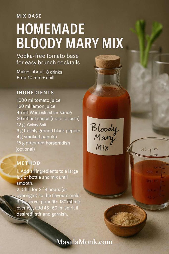 Homemade Bloody Mary mix recipe card with a glass bottle of tomato cocktail base, measuring jug and ingredients on a kitchen counter, MasalaMonk.com
