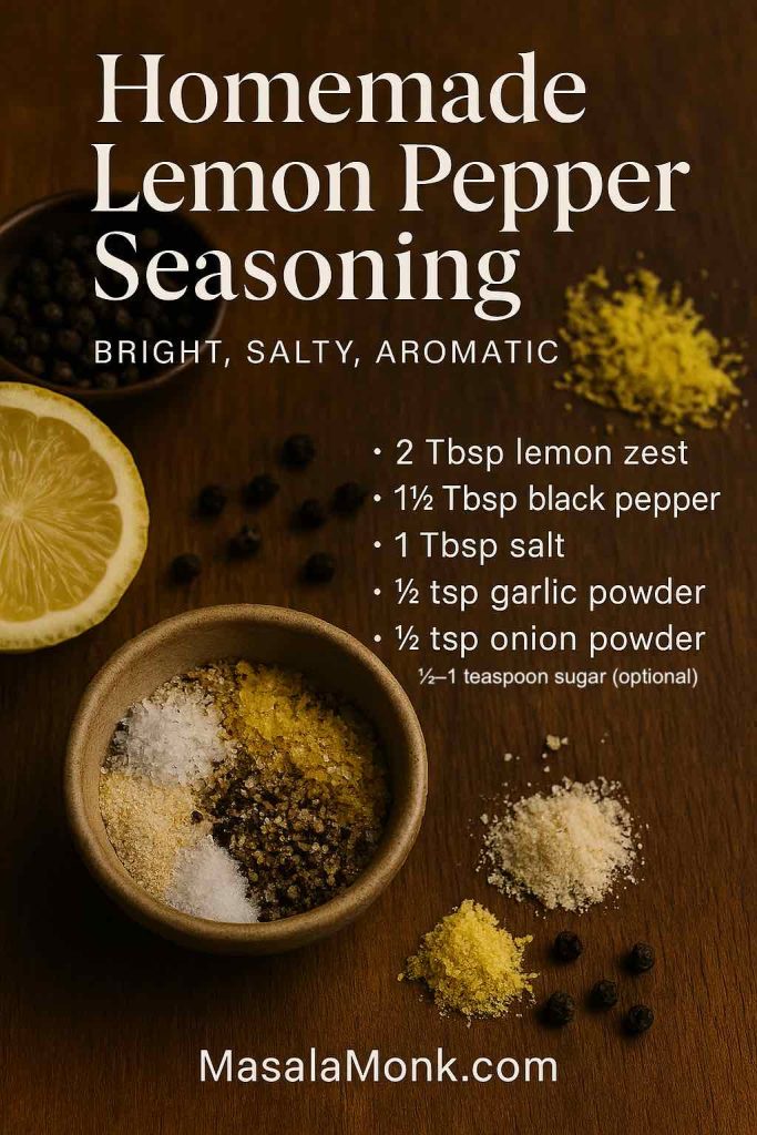 Portrait recipe card showing a small bowl of homemade lemon pepper seasoning with visible lemon zest, black pepper and salt on a wooden surface, surrounded by peppercorns and lemon, plus text listing the seasoning ingredients.