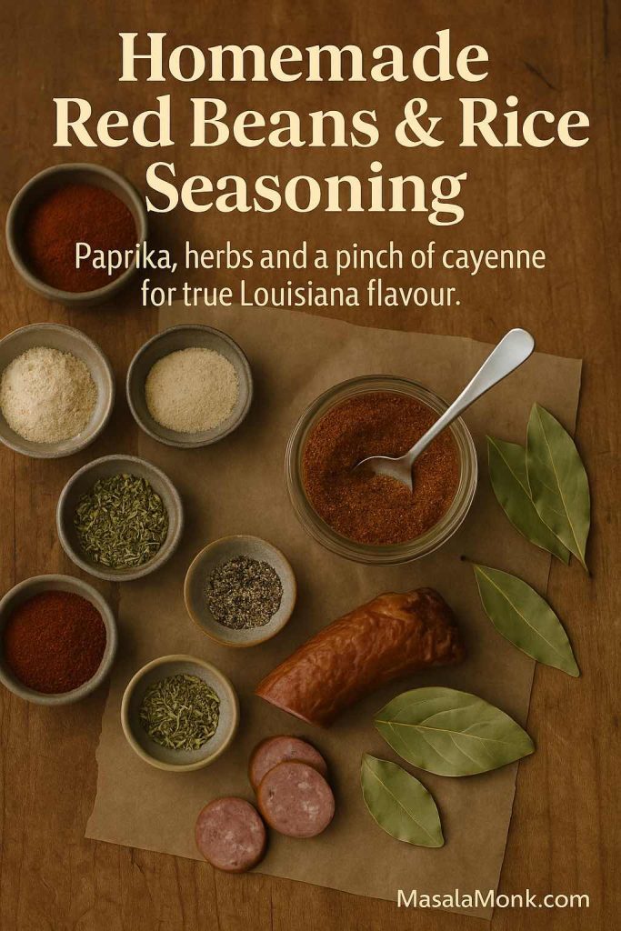 Small bowls of paprika, herbs and spices around a jar of homemade red beans and rice seasoning with bay leaves on a wooden table.