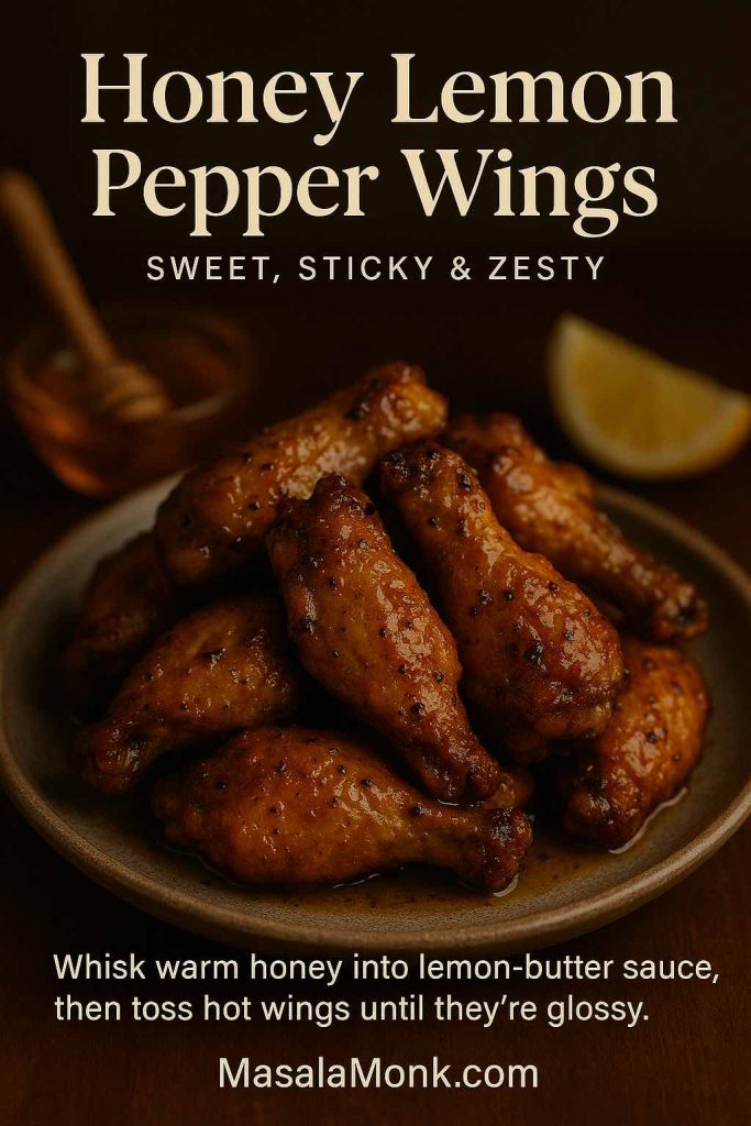 Portrait image of honey lemon pepper chicken wings piled on a plate, glistening with a sticky honey–lemon glaze, with text overlay explaining to stir honey into warm lemon-butter sauce and toss the hot wings.