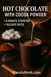 Hot chocolate with cocoa powder being poured from a saucepan into a rustic mug, with whisk, cocoa and cinnamon on a dark table.