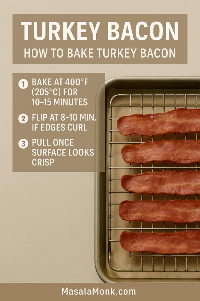 Turkey bacon on a rack with steps: bake at 400°F 10–15 min, flip at 8–10 if edges curl, pull when surface looks crisp