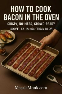 Hand holding a parchment-lined tray of crispy oven-baked bacon with warm, moody styling; headline ‘How to Cook Bacon in the Oven’ and timing 400°F 12–18 min (thick 18–25); jalapeño poppers and thermometer props.