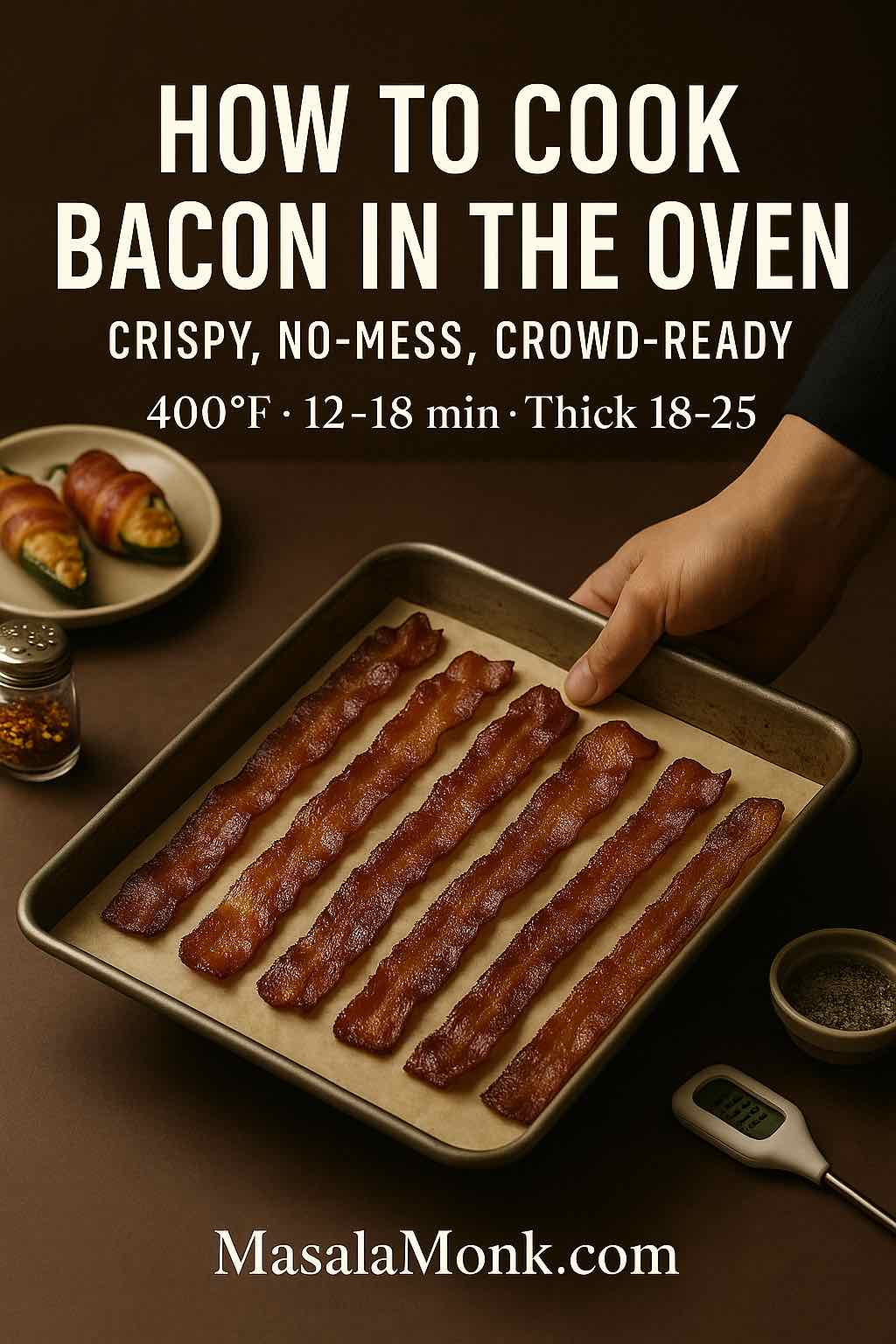 Hand holding a parchment-lined tray of crispy oven-baked bacon with warm, moody styling; headline ‘How to Cook Bacon in the Oven’ and timing 400°F 12–18 min (thick 18–25); jalapeño poppers and thermometer props.