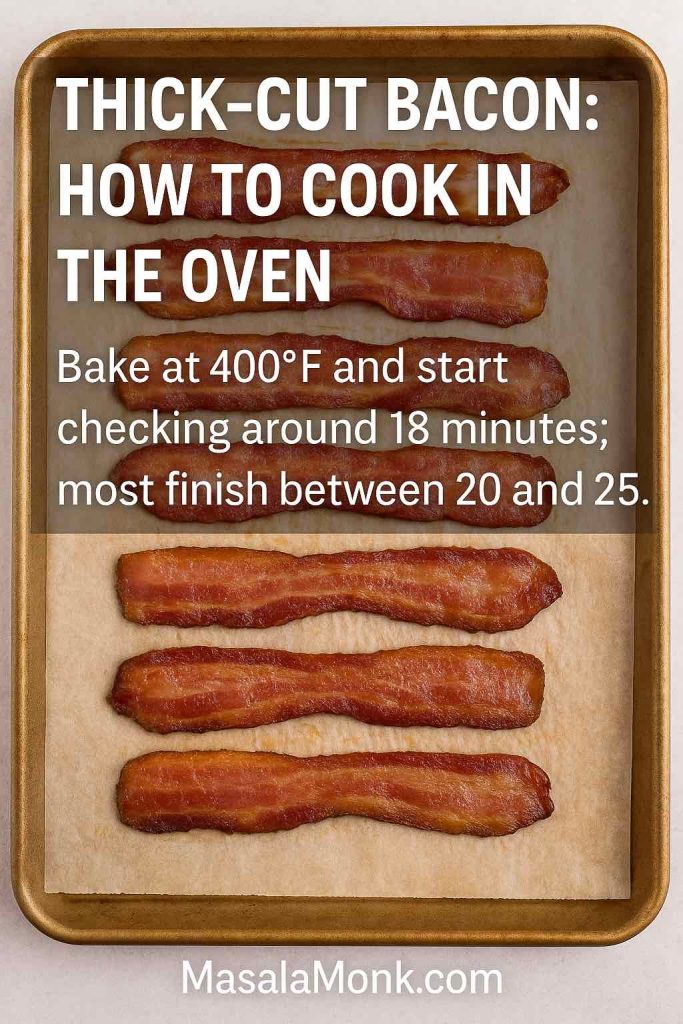 Thick-cut bacon baked on parchment with timing note to check at 18 minutes and finish by 25