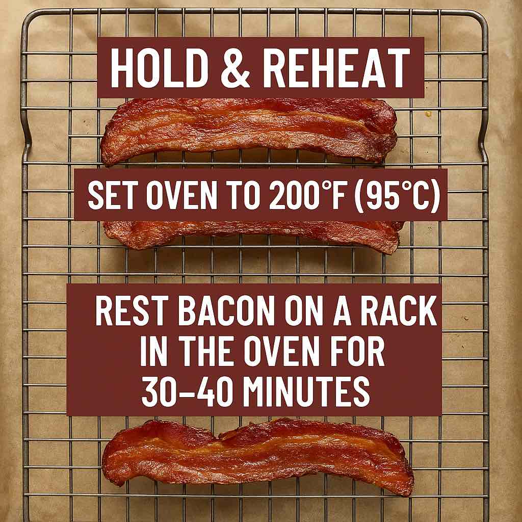 Bacon slices on a wire rack with text: hold and reheat at 200°F (95°C) for 30–40 minutes