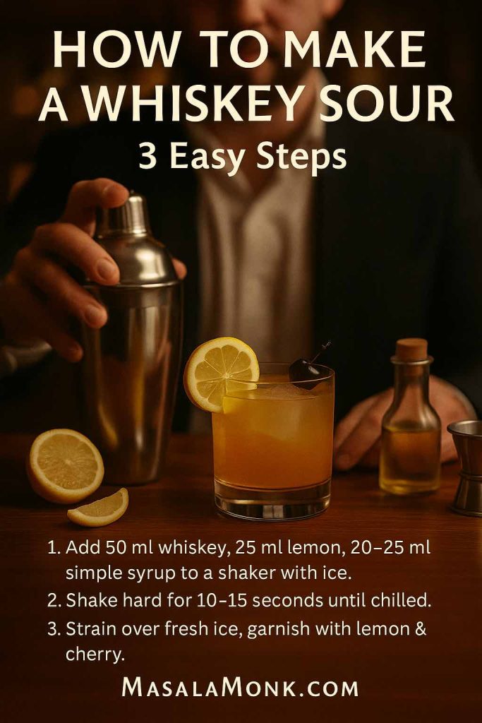 Step-by-step whiskey sour guide showing a bartender holding a cocktail shaker beside a finished whiskey sour with lemon and cherry garnish, with text explaining three easy steps to make the drink