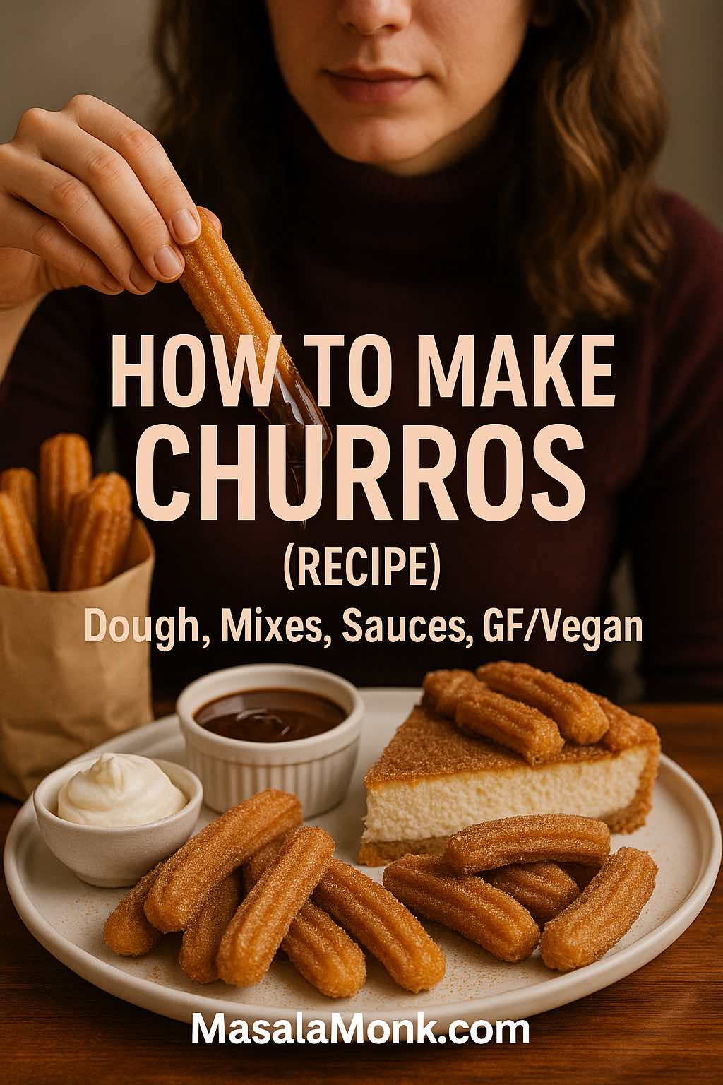 Person dipping a cinnamon-sugar churro into thick chocolate, with churro cheesecake and dips on a tray—cover image for how to make churros.