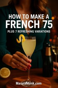 Woman in a green dress holding a French 75 cocktail in a champagne flute with a lemon twist, with text overlay reading ‘How to Make a French 75 Plus 7 Refreshing Variations’ above MasalaMonk.com.