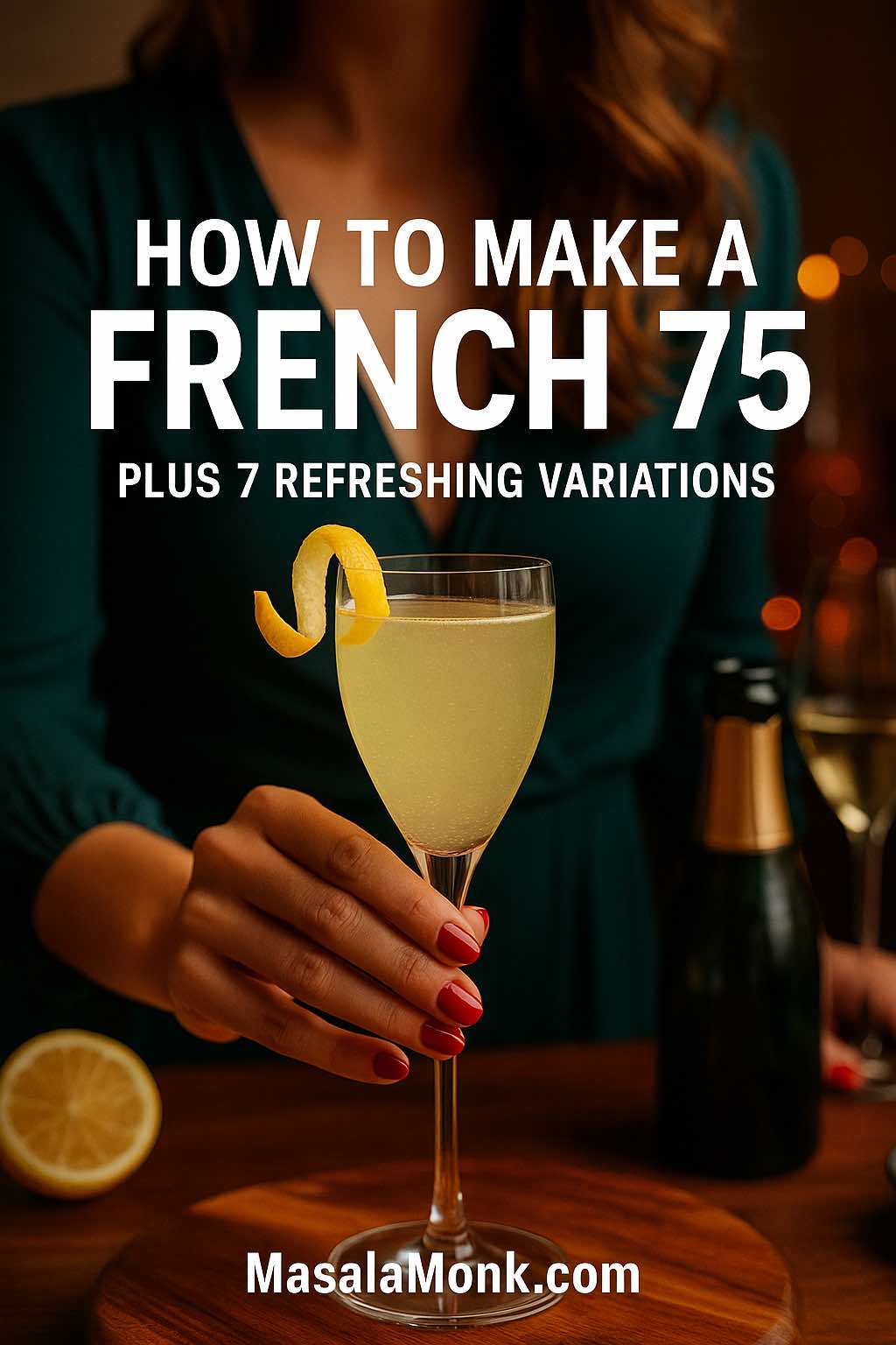 Woman in a green dress holding a French 75 cocktail in a champagne flute with a lemon twist, with text overlay reading ‘How to Make a French 75 Plus 7 Refreshing Variations’ above MasalaMonk.com.