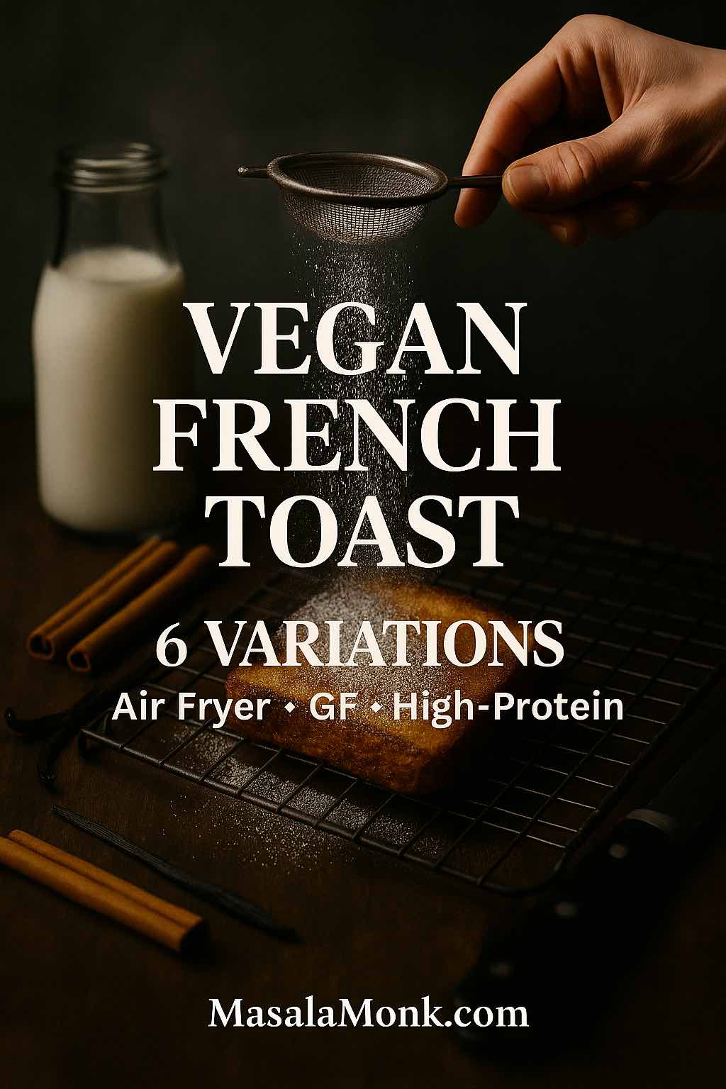 Hand dusting powdered sugar over golden vegan French toast on a cooling rack; cover for 6 recipe variations including air fryer, gluten-free, and high-protein. How to make Vegan French Toast Recipes Post.