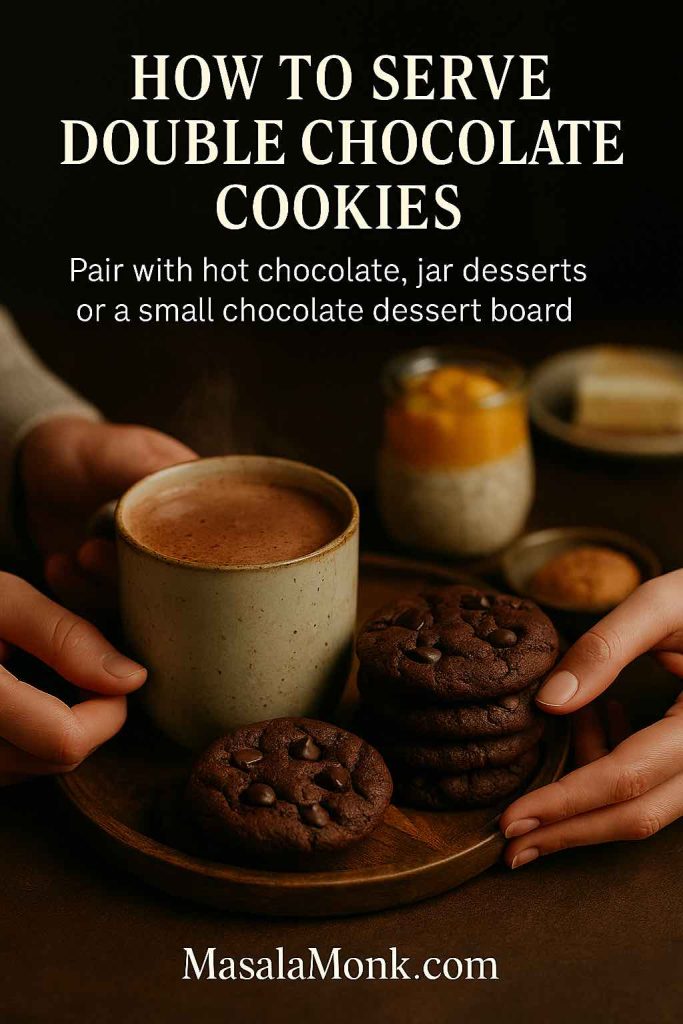 Hands holding a mug of hot chocolate next to a stack of double chocolate cookies on a wooden tray, with a chia pudding jar dessert and a small cake slice in the background, showing how to serve the cookies.