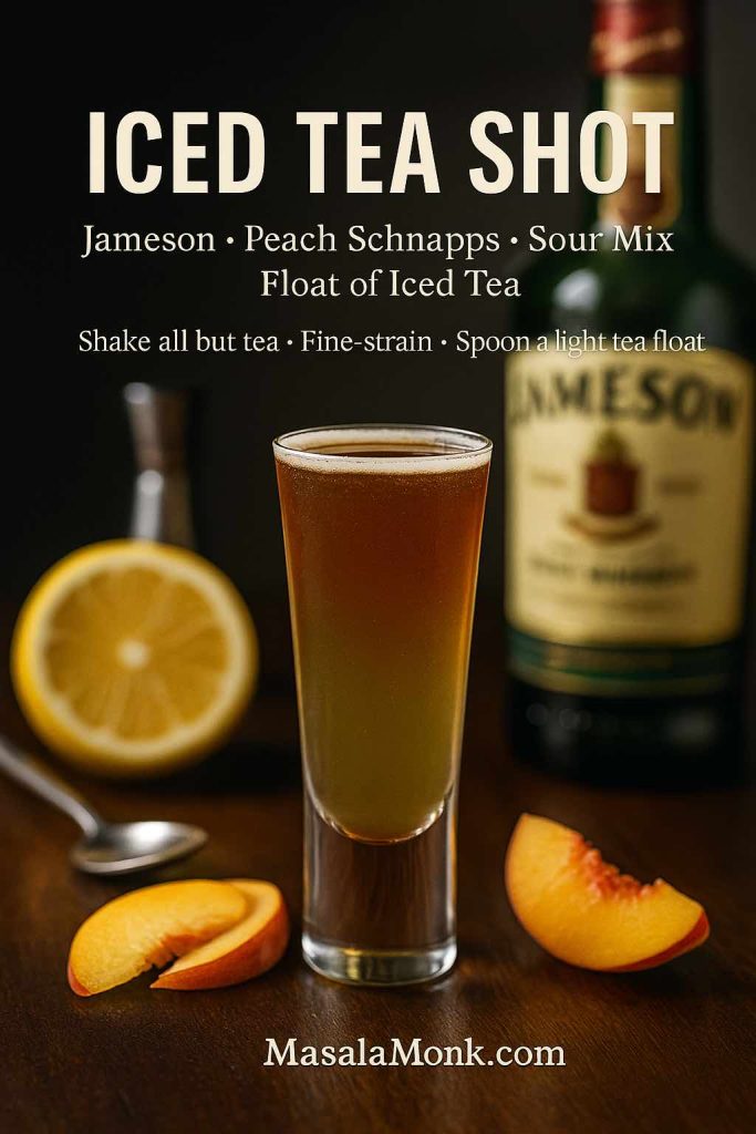Photo-real magazine-style recipe card of an Iced Tea Shot made with Jameson, peach schnapps, and sour mix, finished with a chilled black-tea float; elegant bar props and MasalaMonk.com footer