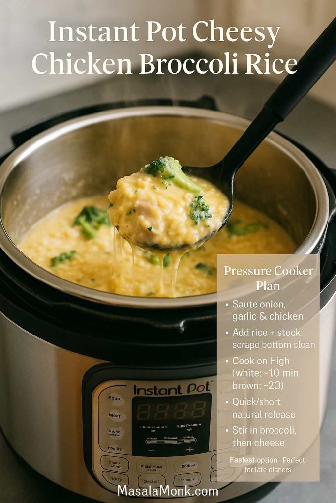 Instant Pot filled with cheesy chicken broccoli rice, a ladle lifting a creamy cheesy scoop with broccoli, with text overlay showing the pressure cooker plan for the recipe.