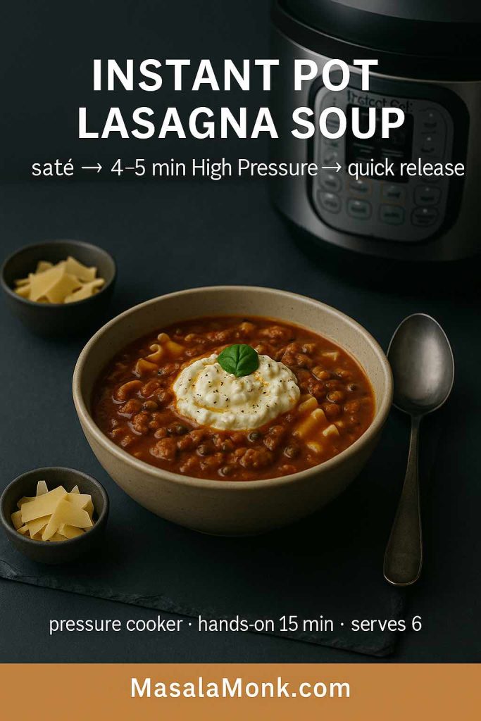 Instant Pot lasagna soup in a ceramic bowl with tomato broth, ruffled noodles, and ricotta; Instant Pot blurred in background on dark slate.