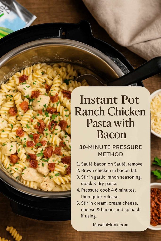 Instant Pot filled with creamy ranch chicken pasta and crispy bacon pieces, with a recipe card overlay showing a quick 30-minute pressure cooker method.