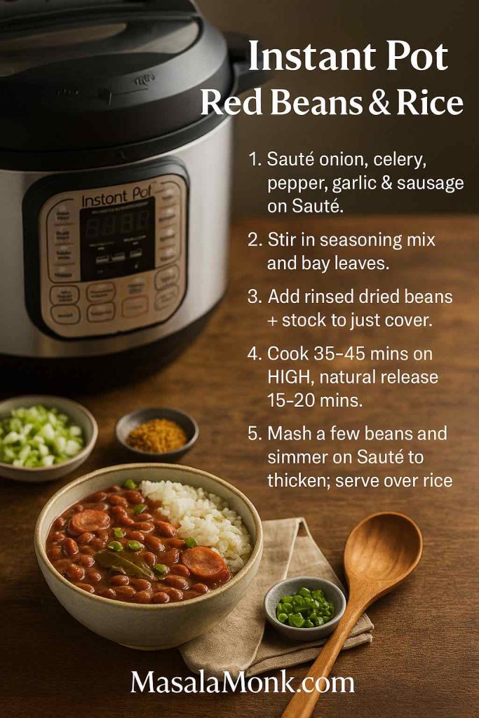 Instant Pot red beans and rice recipe card showing an Instant Pot, a bowl of red beans and rice with sausage and green onions, and step-by-step pressure cooker instructions with MasalaMonk.com