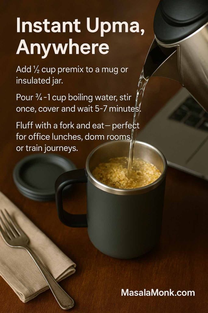 Instructional image showing boiling water being poured from a kettle into an insulated mug filled with instant upma premix on a desk, with text explaining how to add premix, pour hot water, cover and wait a few minutes for an easy travel- or office-friendly upma.