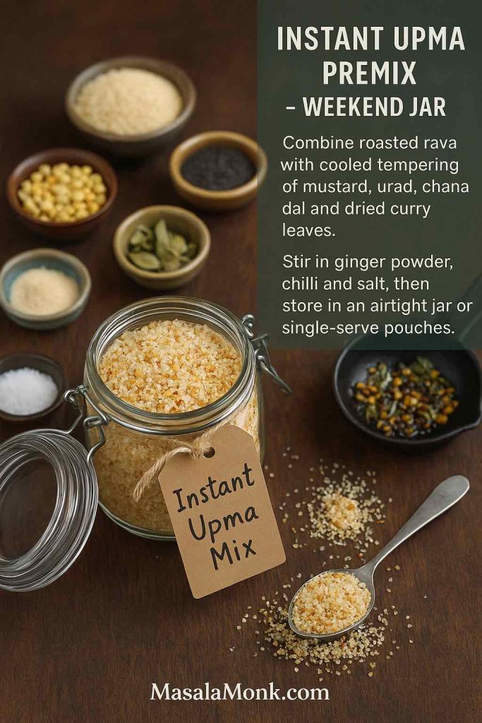 Instructional image showing a glass jar labelled Instant Upma Mix surrounded by bowls of roasted rava, mustard seeds, lentils, dried curry leaves and spices, with text explaining how to combine them into a homemade instant upma premix for the week.