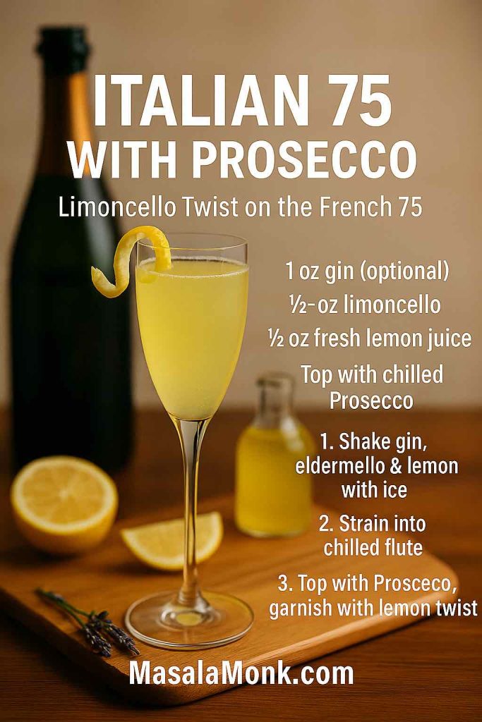Italian 75 cocktail recipe card showing a tall flute filled with a bright yellow Prosecco French 75 garnished with a lemon twist, set on a wooden board with Prosecco bottle, limoncello bottle and lemon slices, plus text listing gin, limoncello, lemon juice, Prosecco and simple preparation steps.