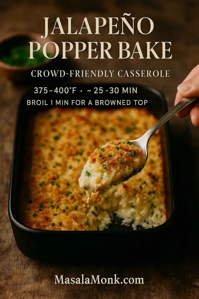 Spoon lifting a square of jalapeño popper bake with browned panko top and chives—375–400°F for about 25–30 minutes
