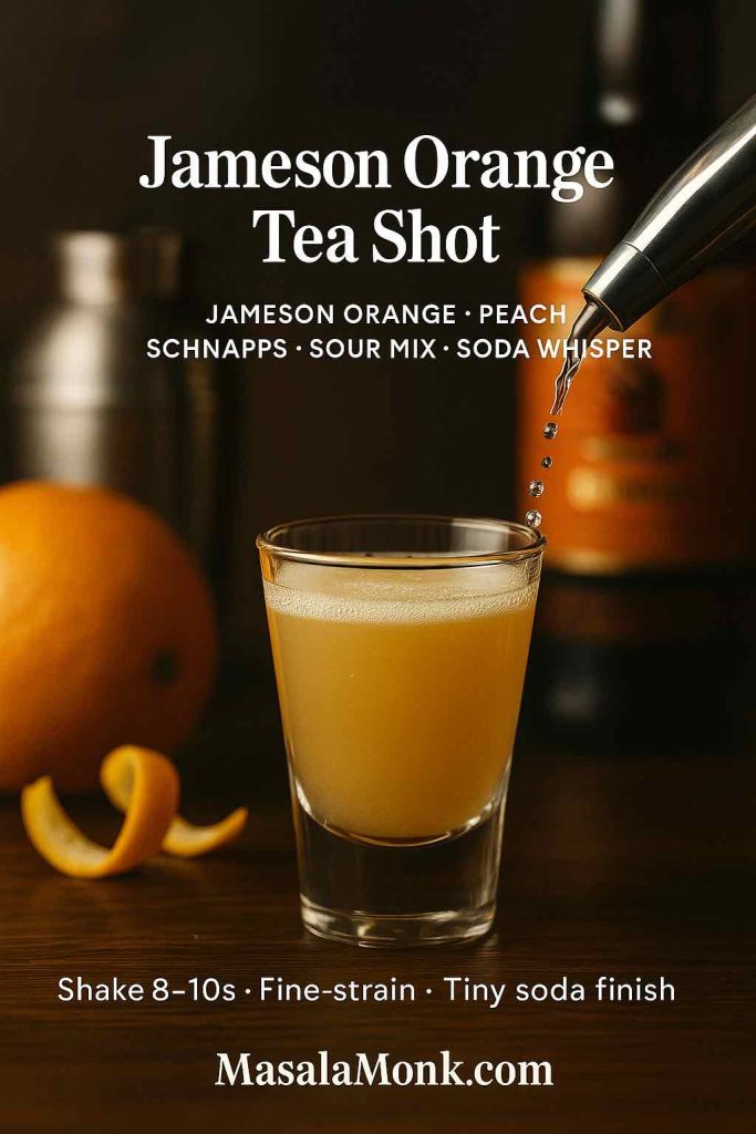 Recipe card of a Jameson Orange tea shot being poured with peach schnapps, sour mix, and a tiny soda splash; bright citrus zest and elegant bar props; MasalaMonk.com footer
