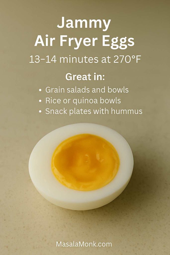 Jammy air fryer egg sliced in half with a thick, creamy yolk, with text showing 13–14 minutes at 270°F and serving ideas for grain salads, rice bowls, and snack plates with hummus.