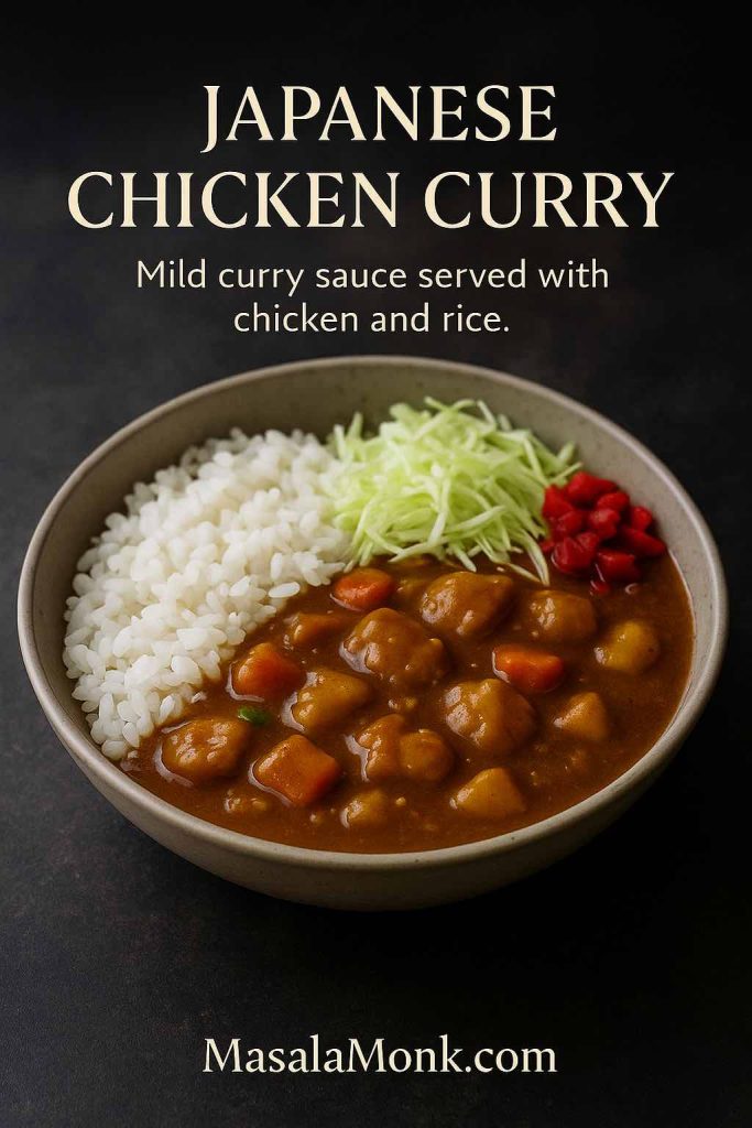 Bowl of Japanese chicken curry with tender chicken pieces, rice, shredded cabbage and pickles in a creamy brown curry sauce.