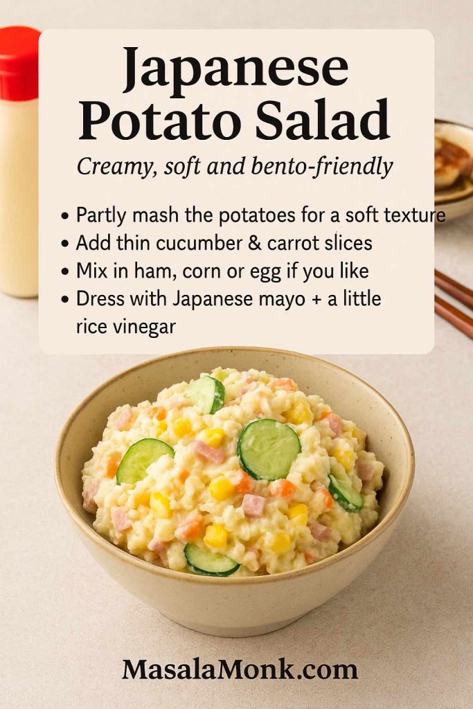 Recipe card showing a bowl of Japanese potato salad made with partly mashed potatoes, thin cucumber and carrot slices, corn and ham, with tips to mash the potatoes softly, add crunchy vegetables, mix in ham or egg and dress with Japanese mayo and a little rice vinegar.