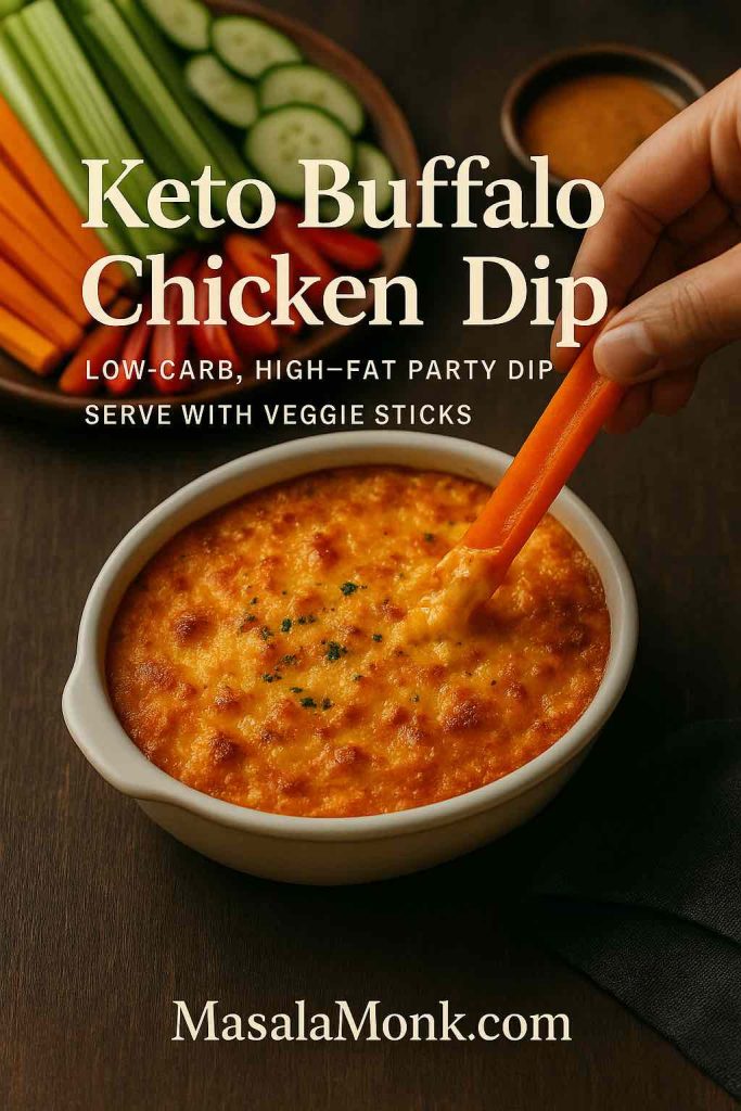 Hand dipping an orange bell pepper strip into keto buffalo chicken dip topped with golden cheese, surrounded by fresh veggie sticks on a wooden table.