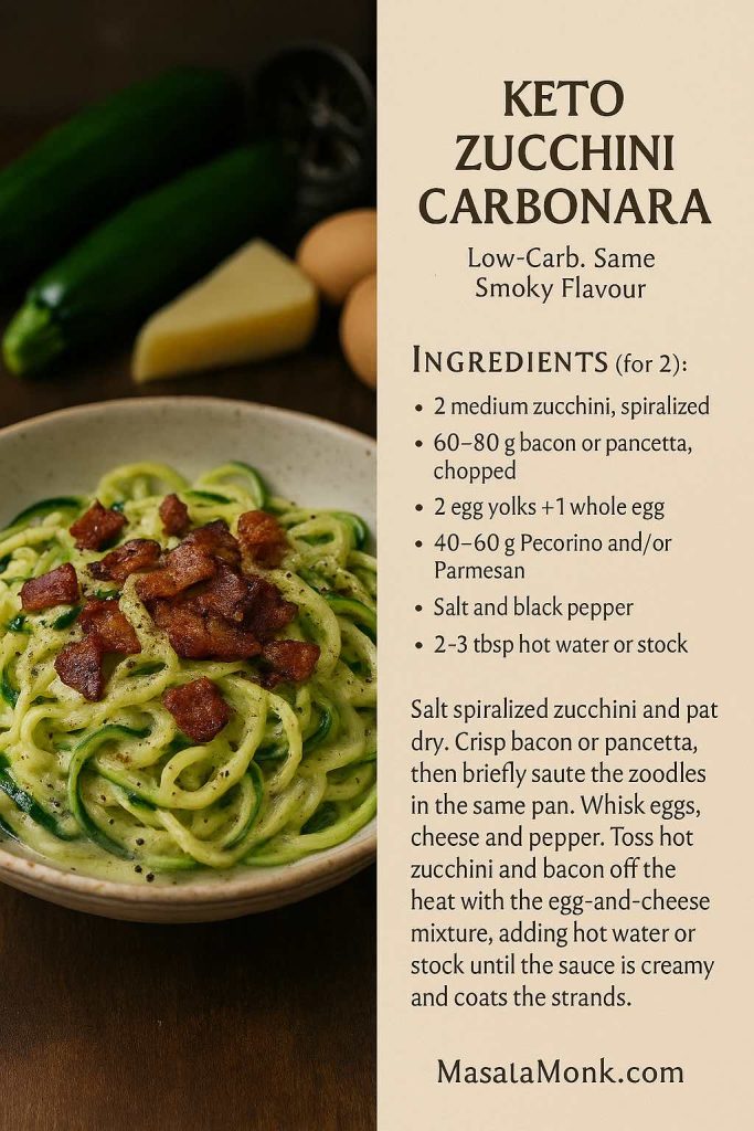 Recipe card showing a bowl of keto zucchini carbonara with spiralised zucchini noodles, crispy bacon and creamy egg-and-cheese sauce beside ingredients and method for low-carb carbonara.