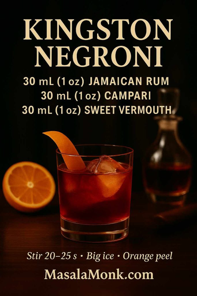 Kingston Negroni recipe card—30 ml Jamaican rum, 30 ml Campari, 30 ml sweet vermouth—stirred over a large ice cube with orange peel; halved orange and rum decanter; MasalaMonk.com footer.