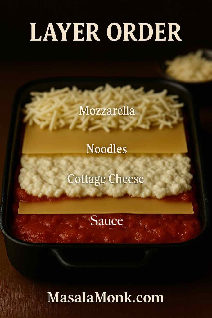 Lasagna pan showing layer order: tomato sauce base, noodles, cottage cheese layer, then mozzarella on top.
