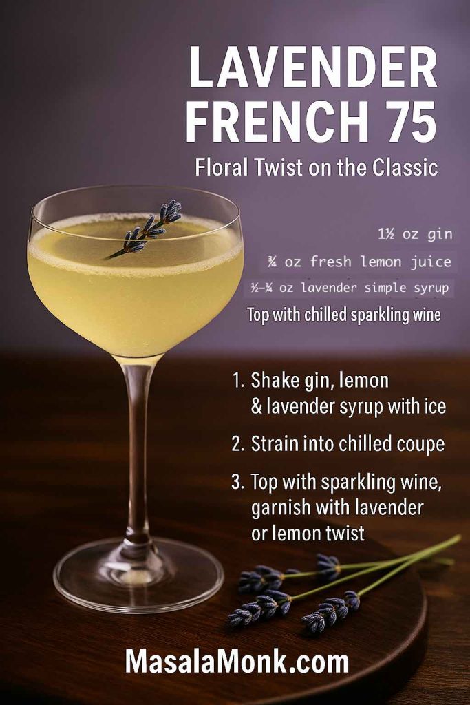 Lavender French 75 cocktail recipe card showing a pale golden drink in a coupe glass with a lavender sprig garnish on a wooden bar, soft purple background, and text listing gin, lemon juice, lavender simple syrup, sparkling wine and three simple preparation steps.