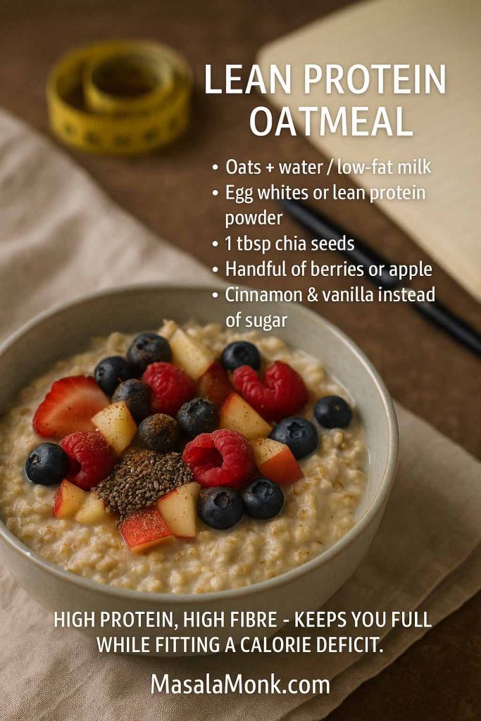 Bowl of lean protein oatmeal topped with berries, apple pieces and chia seeds beside a tape measure and notebook, illustrating a high-protein high-fibre breakfast for weight loss.