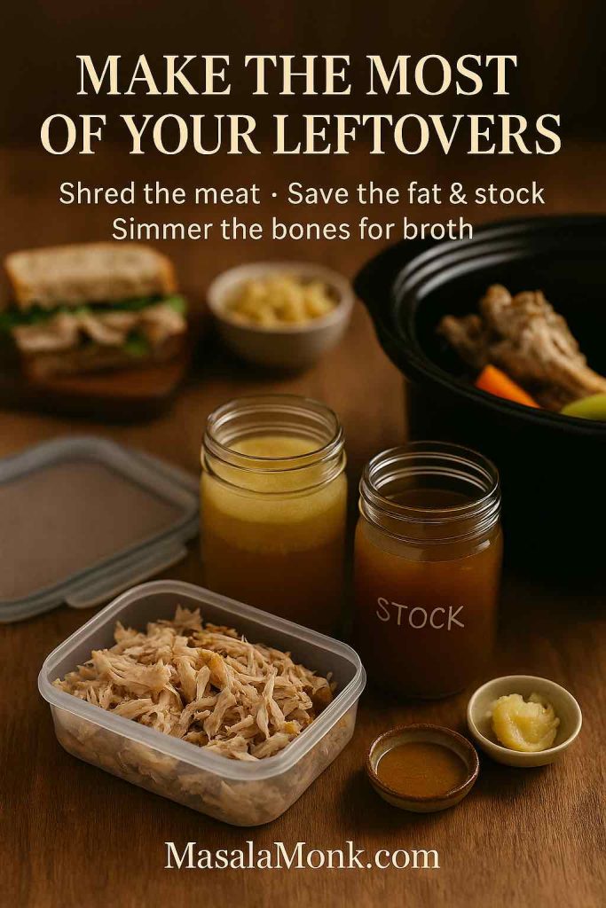 Container of shredded leftover chicken, jars of chilled chicken stock with a fat layer on top, and a slow cooker insert filled with bones and vegetables, showing how to save and use every part of a crock pot whole chicken.