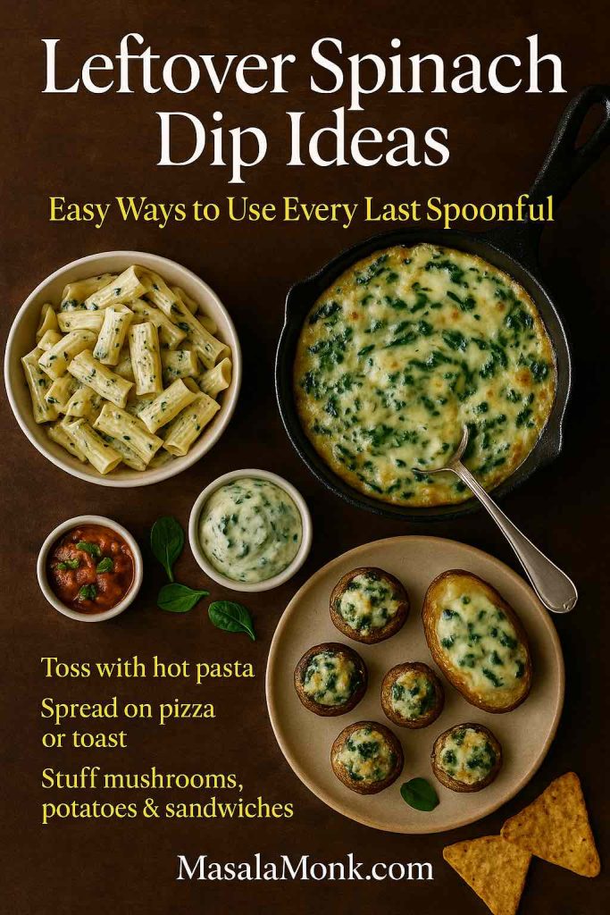 Overhead view of four leftover spinach dip ideas including creamy spinach pasta, a skillet of baked dip, stuffed mushrooms and a stuffed baked potato, with text suggesting ways to use leftover spinach dip.