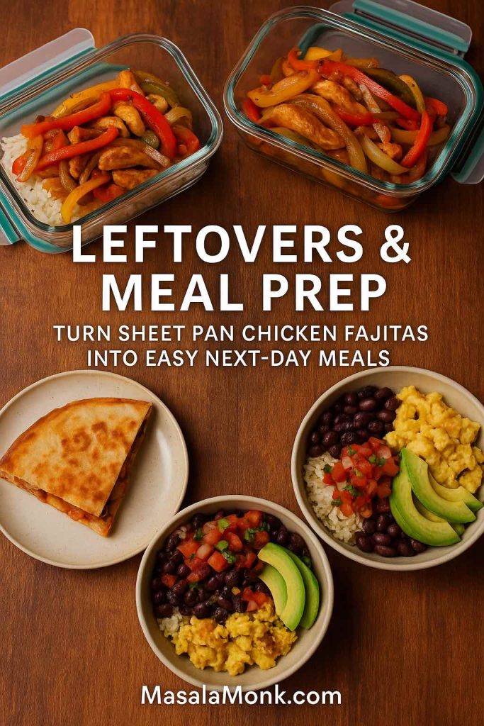 Glass containers of leftover sheet pan chicken fajitas above plates with a quesadilla, burrito bowls and scrambled eggs made from the fajita filling, showing easy next-day meal ideas.