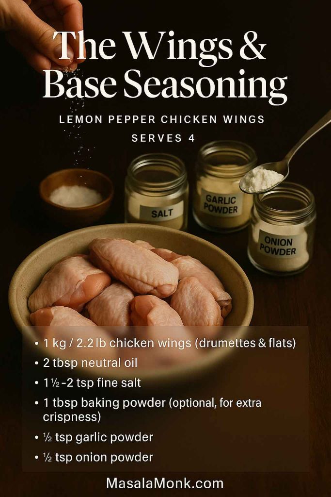 Recipe card style image showing raw chicken wings in a bowl with jars of salt, garlic powder and onion powder, plus text listing the base seasoning ingredients for lemon pepper chicken wings.