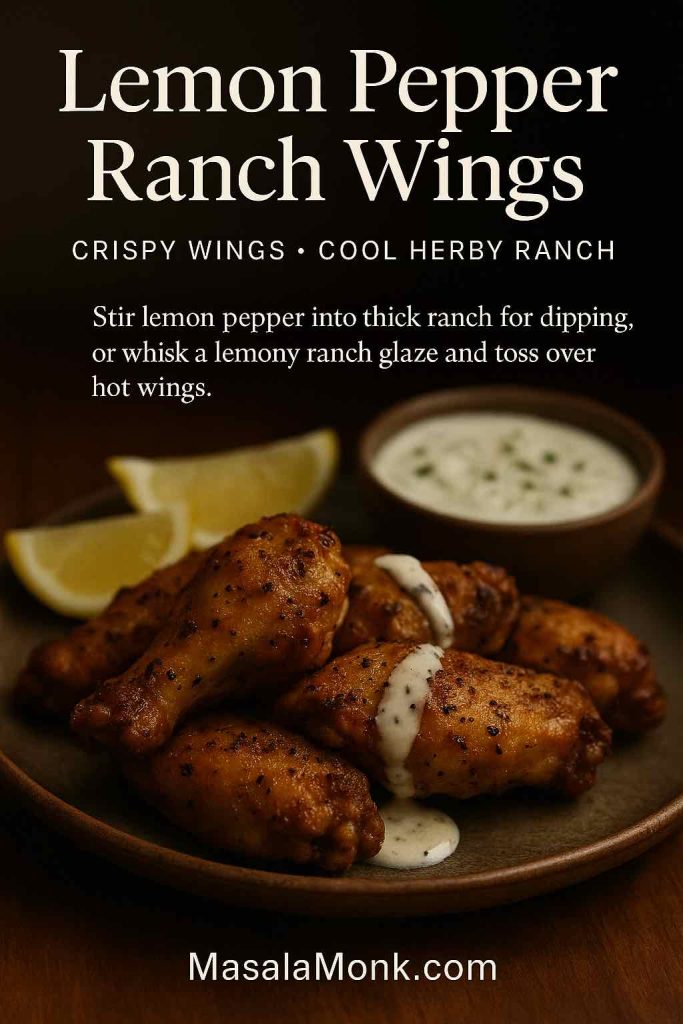 Portrait image of lemon pepper ranch chicken wings on a rustic plate, drizzled with creamy ranch, with a bowl of herby ranch dip and lemon wedges in the background, plus text overlay explaining how to make lemon pepper ranch dip or a light ranch glaze for the wings.