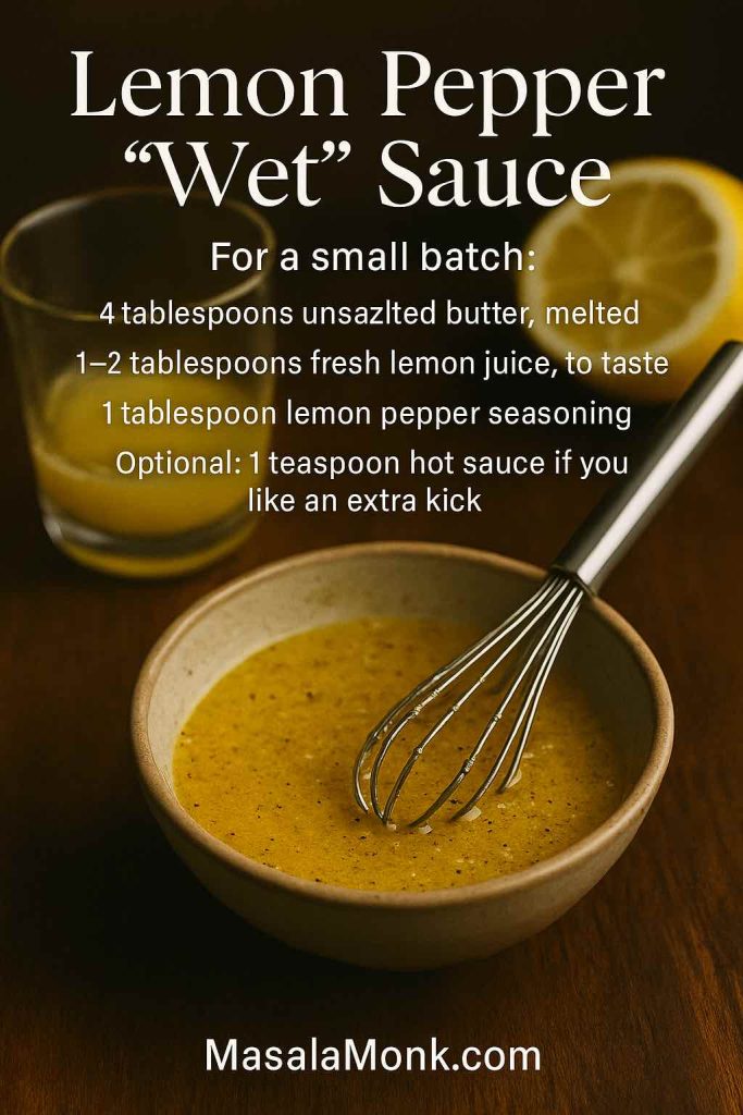 Portrait recipe card showing a bowl of lemon pepper wet sauce with a whisk, plus text listing melted butter, fresh lemon juice, lemon pepper seasoning and optional hot sauce for coating lemon pepper chicken wings.