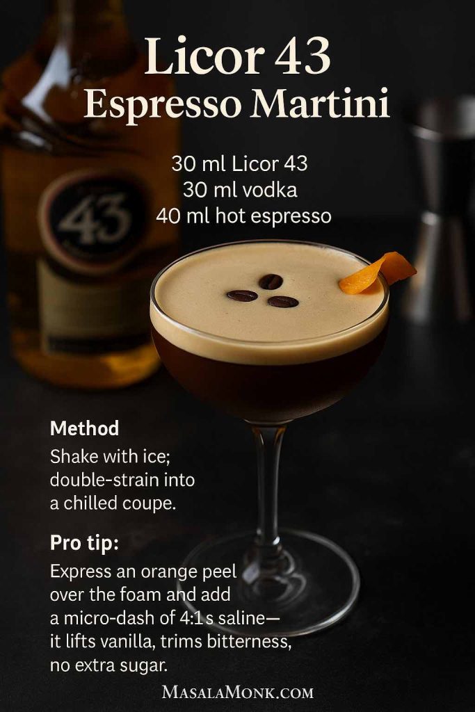 Recipe card: Licor 43 Espresso Martini—30 ml Licor 43, 30 ml vodka, 40 ml hot espresso; shake, double-strain; orange peel and micro-dash saline tip.