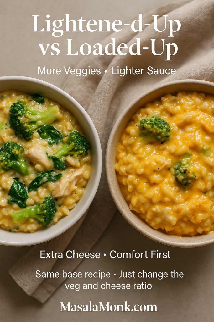 Two bowls of cheesy chicken broccoli rice side by side, the left bowl lighter with extra broccoli and greens and the right bowl richer and more cheesy, with text overlay reading ‘Lightened-Up vs Loaded-Up’ and notes on veggies and sauce.