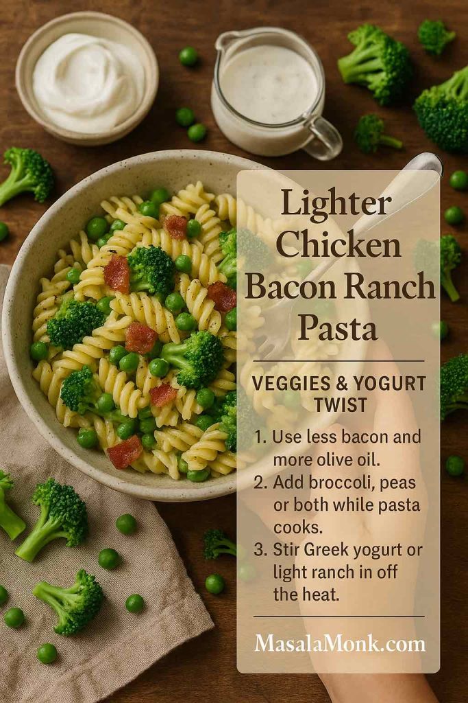 Bowl of lighter chicken bacon ranch pasta with rotini, broccoli, peas and a few bacon pieces, surrounded by Greek yogurt, light ranch dressing and fresh vegetables with a text overlay about the veggies and yogurt twist.