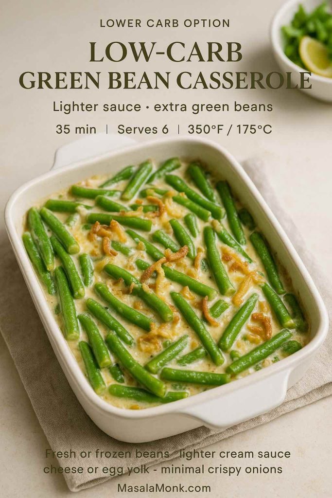 Low-carb green bean casserole in a white baking dish with extra green beans and a light creamy sauce, topped with a minimal sprinkle of crispy onions, with text overlay describing it as a lower carb option and MasalaMonk.com branding.