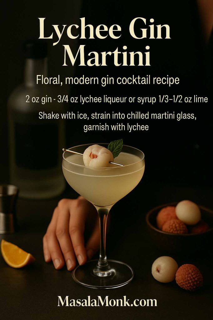 Lychee Gin Martini cocktail in a chilled coupe glass garnished with a lychee and mint leaf on a skewer, bartender’s hand resting on a dark bar beside fresh lychees and an orange wedge, with mini gin cocktail recipe text and MasalaMonk.com branding